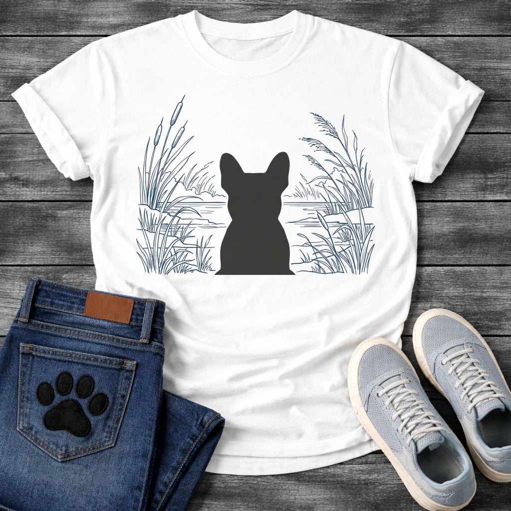French Bulldog t-shirt with Frenchie silhouette seen from behind centered in a detailed navy line art botanical scene, cattails and tall reeds on either side, still water and distant shoreline ahead, no text refined nature illustration graphic
