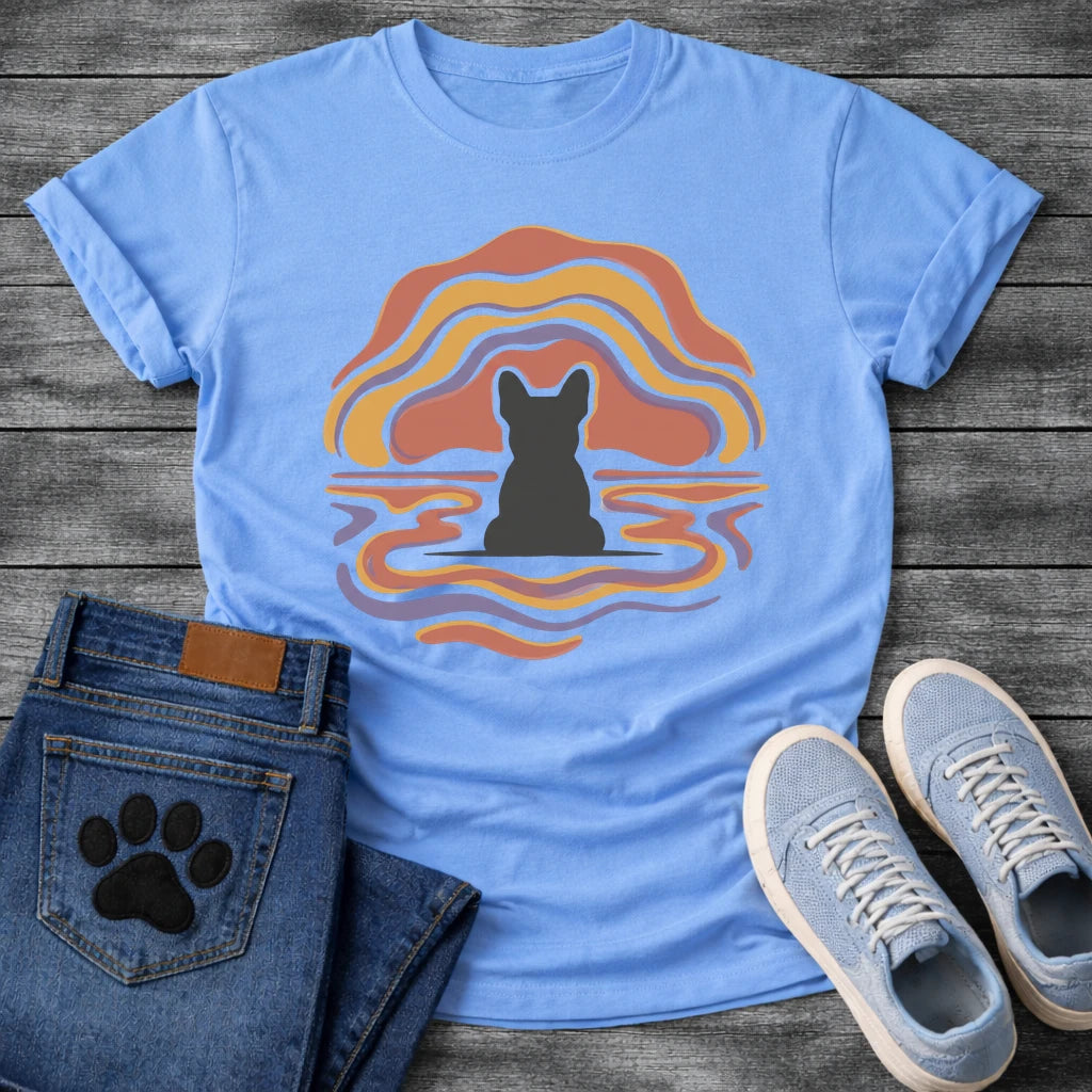 French Bulldog t-shirt with Frenchie silhouette seen from behind centered in flowing wavy lines of terracotta gold and purple arching above and rippling outward below like a water reflection, no text soft abstract art graphic
