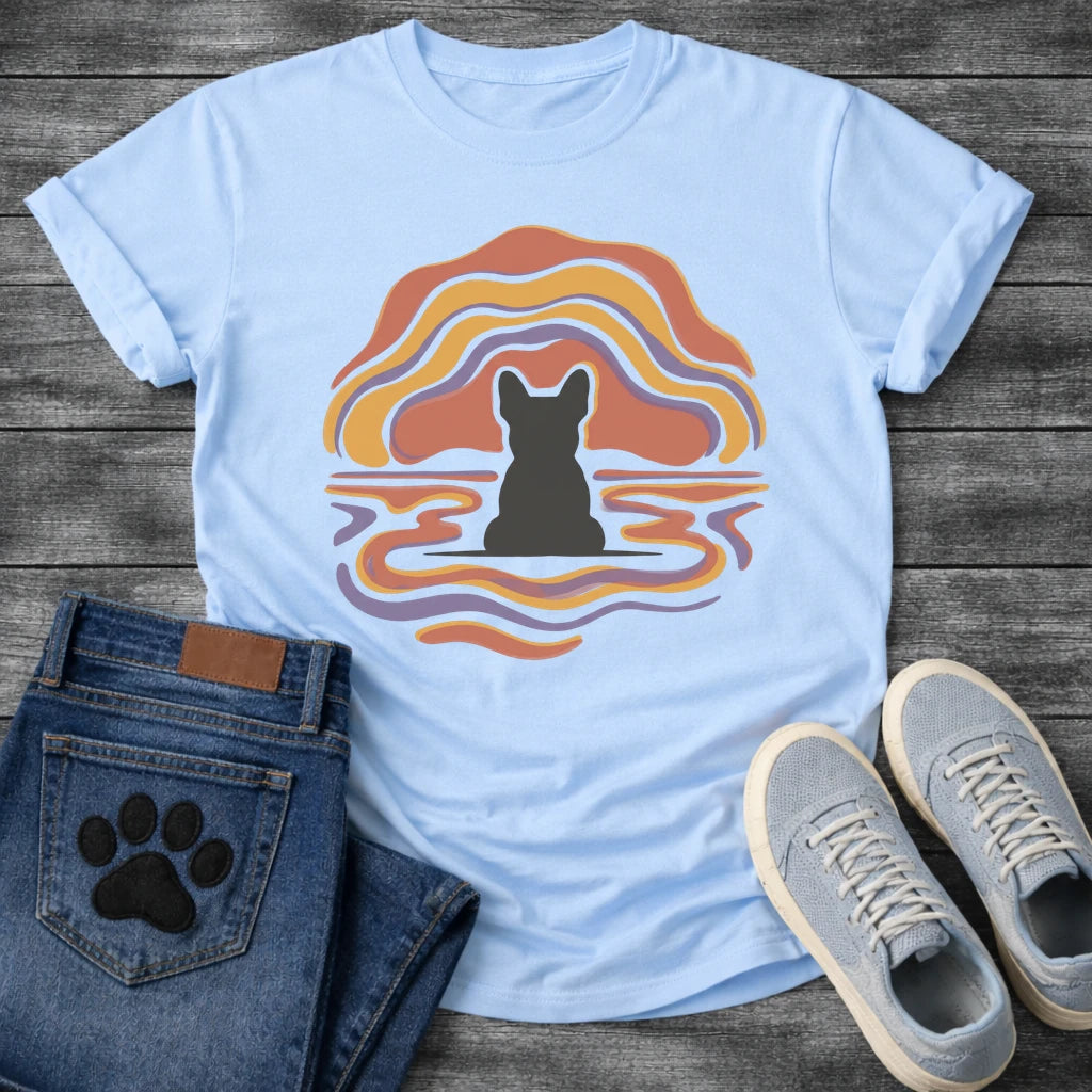 French Bulldog t-shirt with Frenchie silhouette seen from behind centered in flowing wavy lines of terracotta gold and purple arching above and rippling outward below like a water reflection, no text soft abstract art graphic