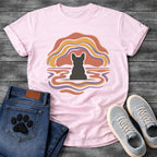 French Bulldog t-shirt with Frenchie silhouette seen from behind centered in flowing wavy lines of terracotta gold and purple arching above and rippling outward below like a water reflection, no text soft abstract art graphic