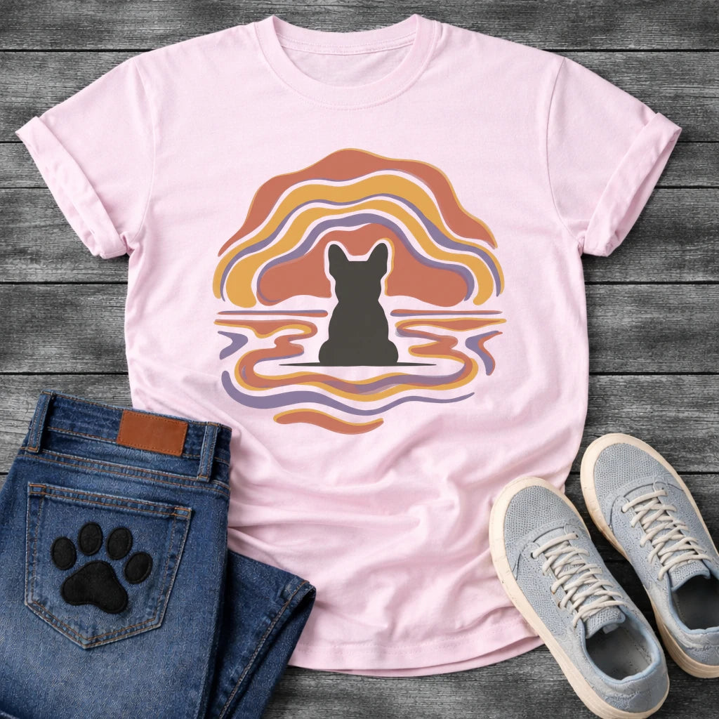 French Bulldog t-shirt with Frenchie silhouette seen from behind centered in flowing wavy lines of terracotta gold and purple arching above and rippling outward below like a water reflection, no text soft abstract art graphic