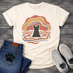 French Bulldog t-shirt with Frenchie silhouette seen from behind centered in flowing wavy lines of terracotta gold and purple arching above and rippling outward below like a water reflection, no text soft abstract art graphic