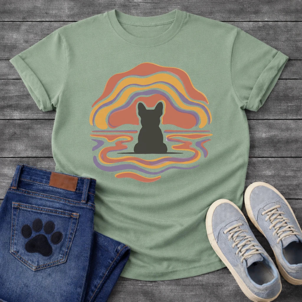 French Bulldog t-shirt with Frenchie silhouette seen from behind centered in flowing wavy lines of terracotta gold and purple arching above and rippling outward below like a water reflection, no text soft abstract art graphic