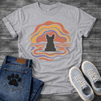 Sport Grey French Bulldog t-shirt with Frenchie silhouette seen from behind centered in flowing wavy lines of terracotta gold and purple arching above and rippling outward below like a water reflection, no text soft abstract art graphic