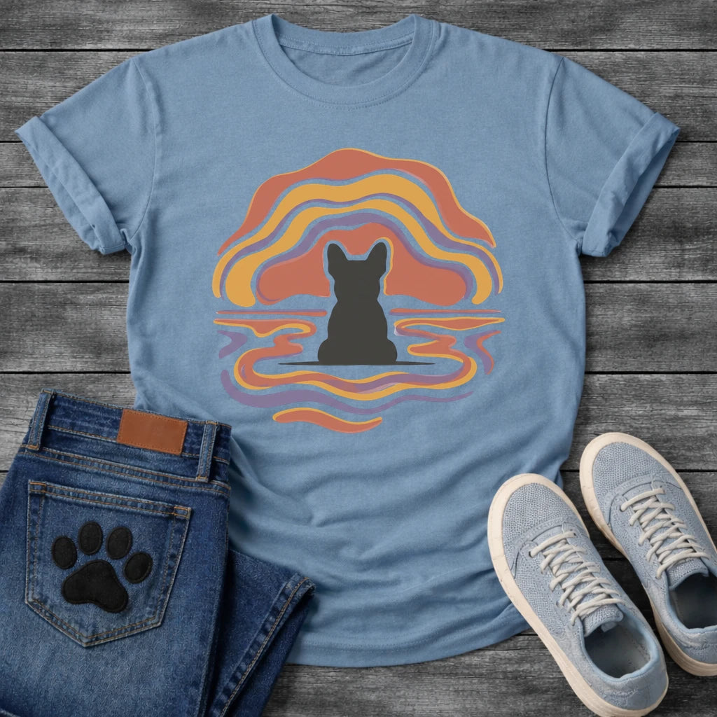 French Bulldog t-shirt with Frenchie silhouette seen from behind centered in flowing wavy lines of terracotta gold and purple arching above and rippling outward below like a water reflection, no text soft abstract art graphic