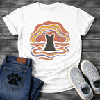 French Bulldog t-shirt with Frenchie silhouette seen from behind centered in flowing wavy lines of terracotta gold and purple arching above and rippling outward below like a water reflection, no text soft abstract art graphic