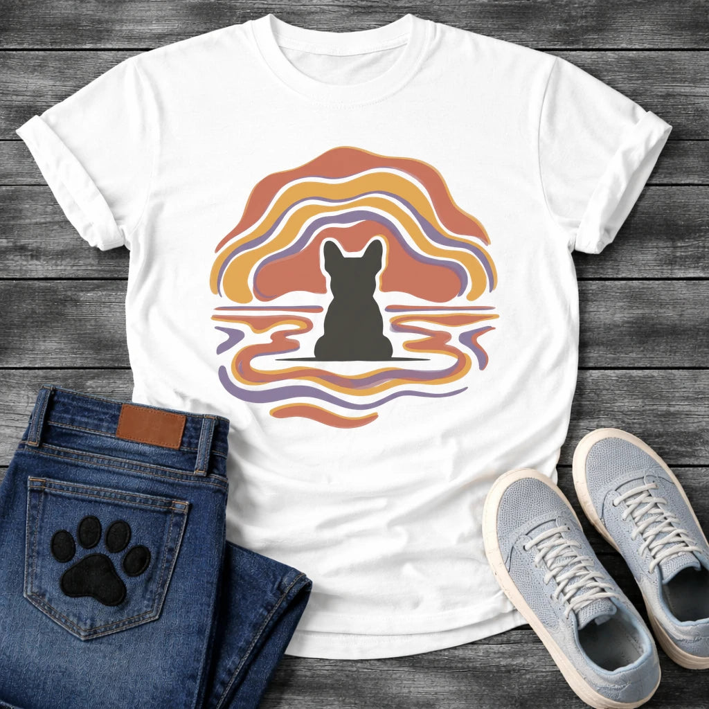 French Bulldog t-shirt with Frenchie silhouette seen from behind centered in flowing wavy lines of terracotta gold and purple arching above and rippling outward below like a water reflection, no text soft abstract art graphic