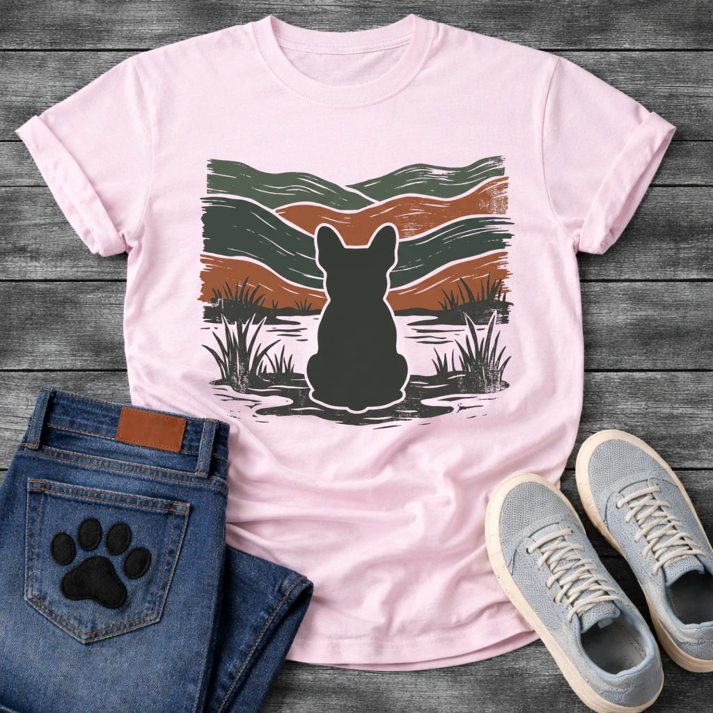 French Bulldog t-shirt with Frenchie silhouette seen from behind with cream outline sitting in grass and shallow water, bold woodcut style wavy landscape in forest green and terracotta behind, heavy distressed texture throughout, no text earthy art graphic