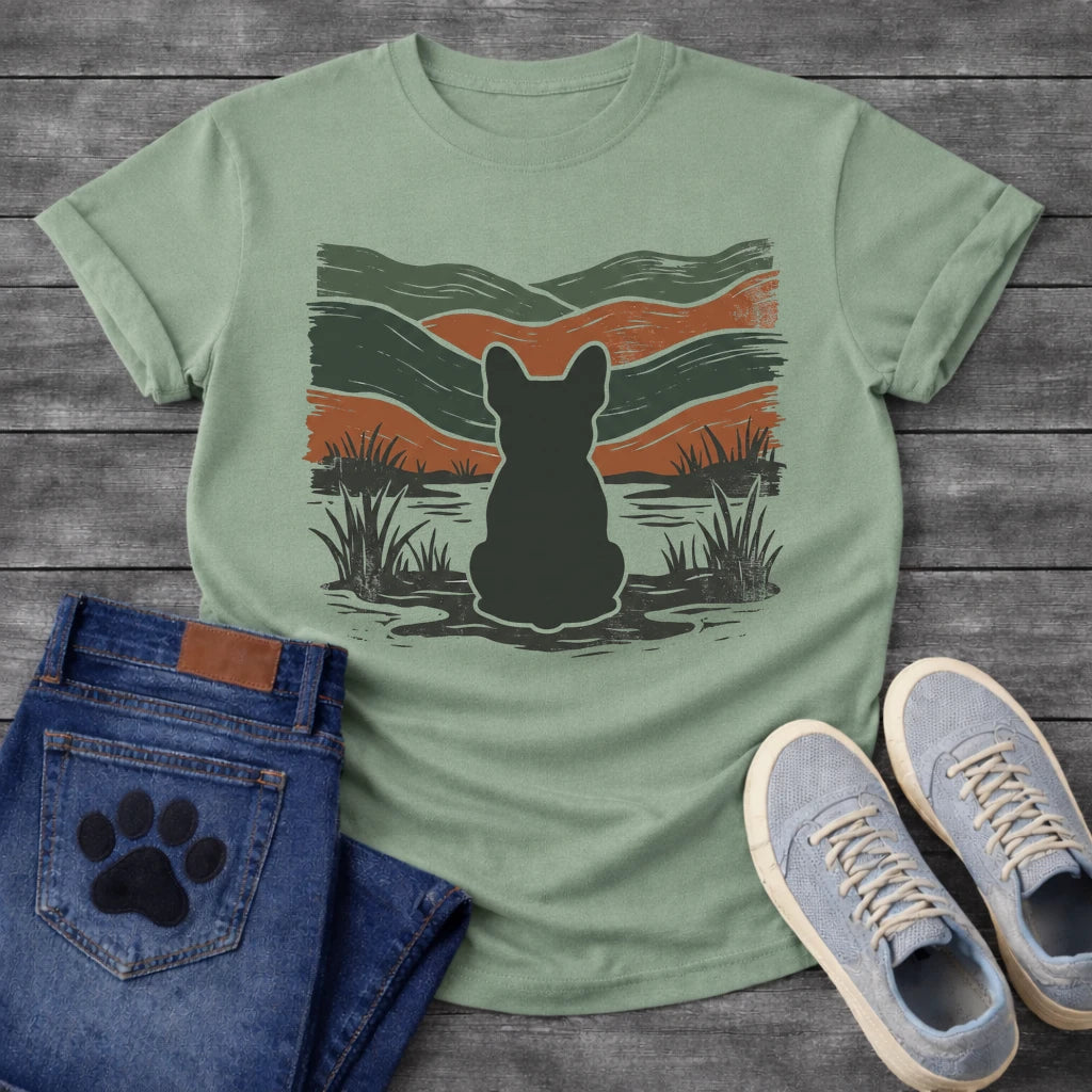 French Bulldog t-shirt with Frenchie silhouette seen from behind with cream outline sitting in grass and shallow water, bold woodcut style wavy landscape in forest green and terracotta behind, heavy distressed texture throughout, no text earthy art graphic