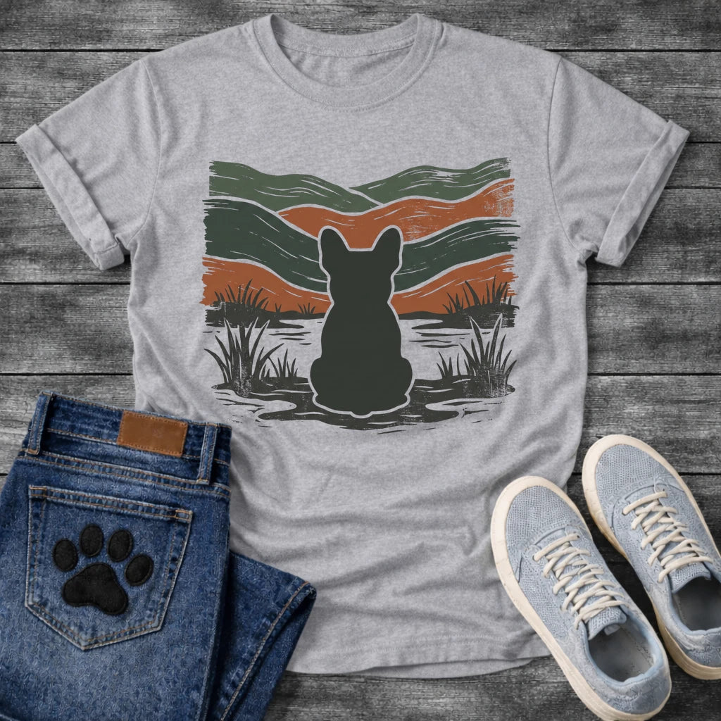 French Bulldog t-shirt with Frenchie silhouette seen from behind with cream outline sitting in grass and shallow water, bold woodcut style wavy landscape in forest green and terracotta behind, heavy distressed texture throughout, no text earthy art graphic