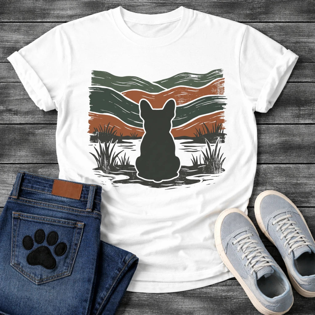 French Bulldog t-shirt with Frenchie silhouette seen from behind with cream outline sitting in grass and shallow water, bold woodcut style wavy landscape in forest green and terracotta behind, heavy distressed texture throughout, no text earthy art graphic