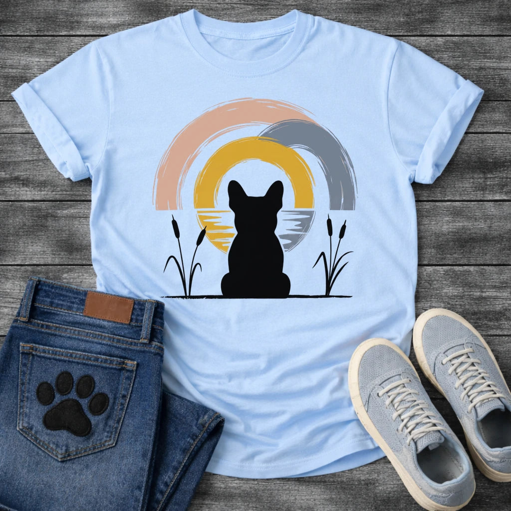 French Bulldog t-shirt with Frenchie silhouette seen from behind sitting between cattail reeds, overlapping brushstroke circles in blush pink gold and slate blue behind with water ripple detail, minimal ink ground line, no text soft zen art graphic
