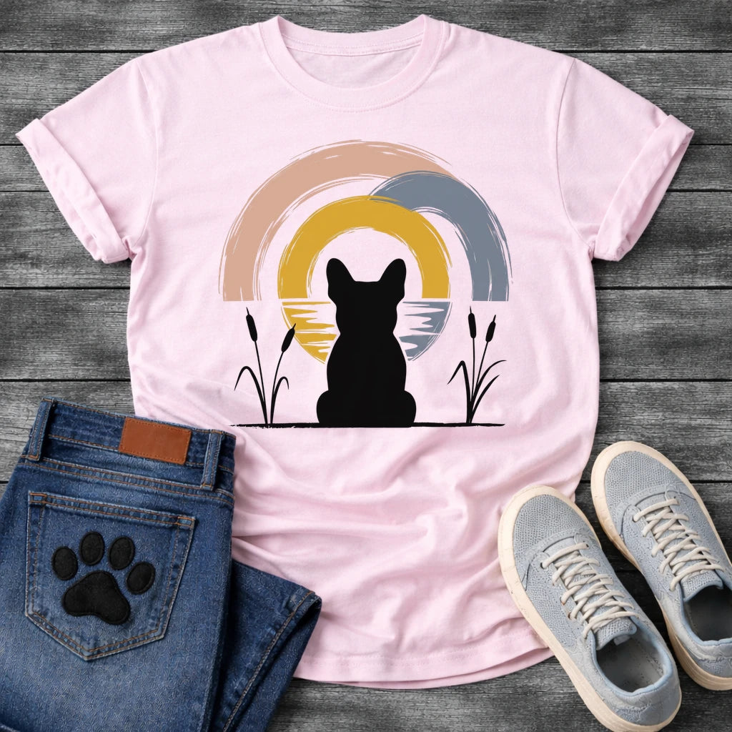 French Bulldog t-shirt with Frenchie silhouette seen from behind sitting between cattail reeds, overlapping brushstroke circles in blush pink gold and slate blue behind with water ripple detail, minimal ink ground line, no text soft zen art graphic
