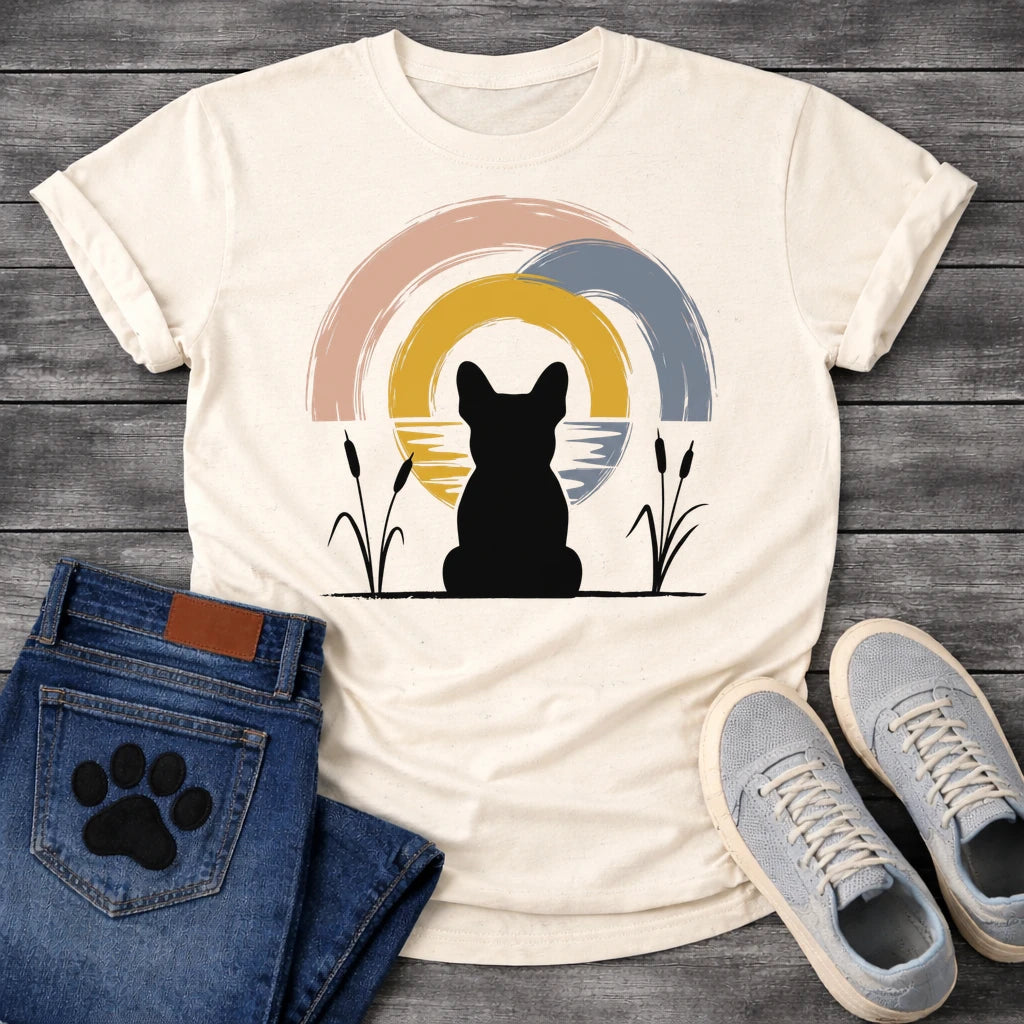 French Bulldog t-shirt with Frenchie silhouette seen from behind sitting between cattail reeds, overlapping brushstroke circles in blush pink gold and slate blue behind with water ripple detail, minimal ink ground line, no text soft zen art graphic
