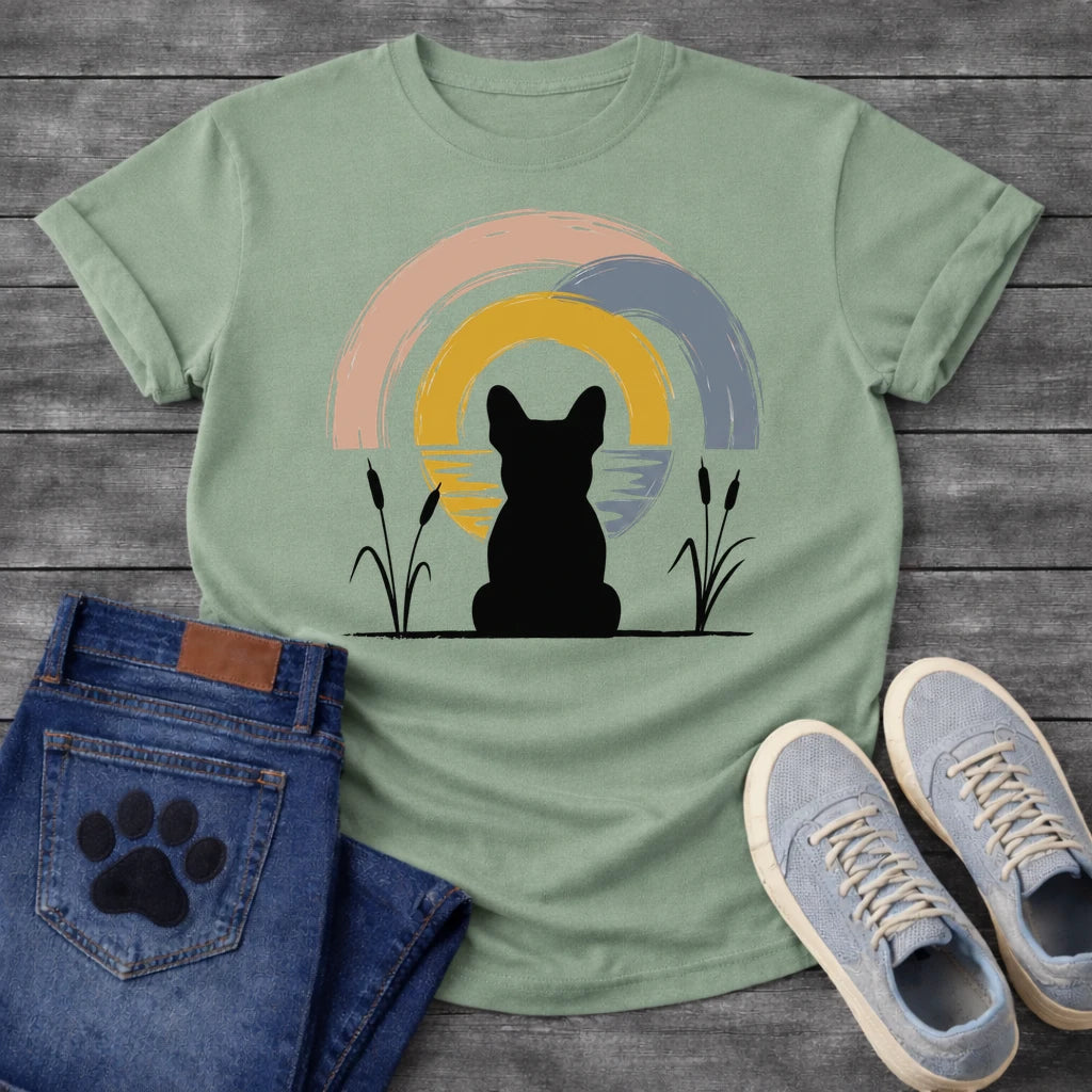French Bulldog t-shirt with Frenchie silhouette seen from behind sitting between cattail reeds, overlapping brushstroke circles in blush pink gold and slate blue behind with water ripple detail, minimal ink ground line, no text soft zen art graphic
