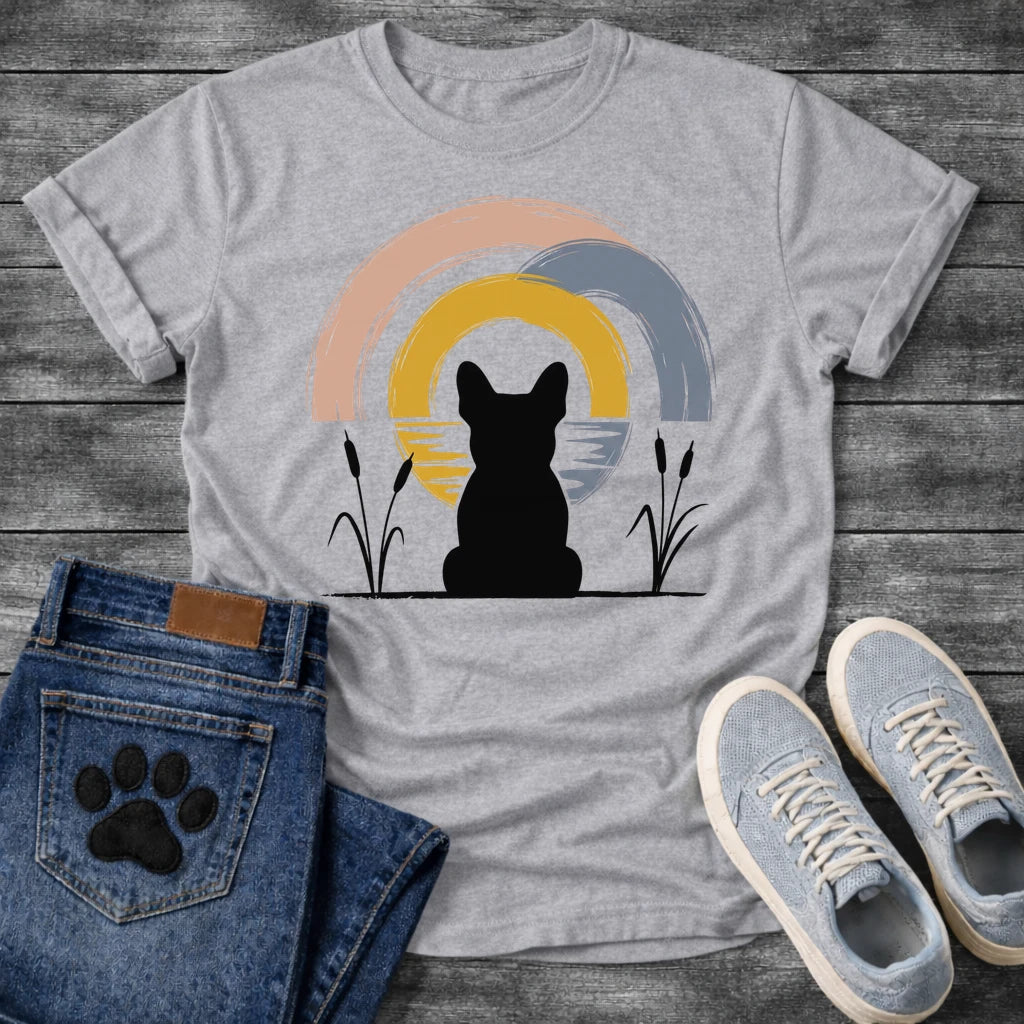 French Bulldog t-shirt with Frenchie silhouette seen from behind sitting between cattail reeds, overlapping brushstroke circles in blush pink gold and slate blue behind with water ripple detail, minimal ink ground line, no text soft zen art graphic
