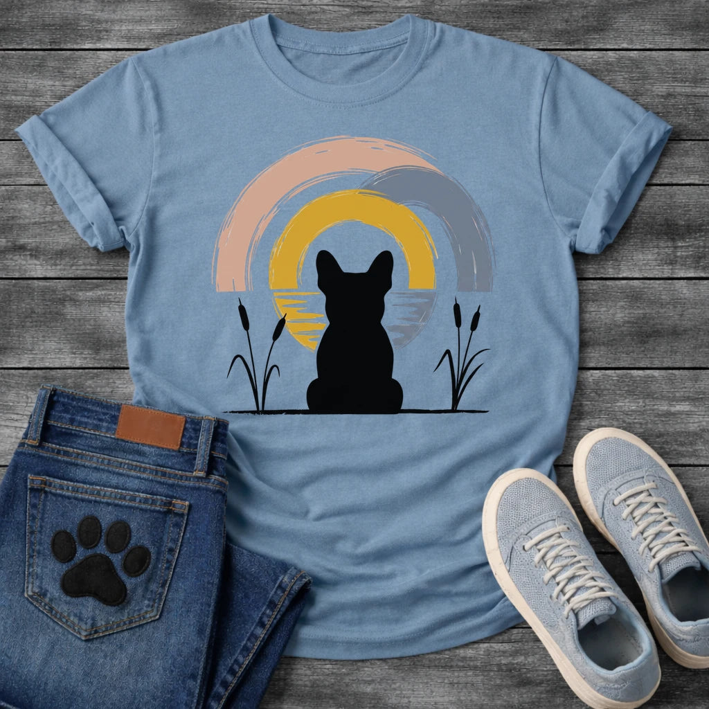 French Bulldog t-shirt with Frenchie silhouette seen from behind sitting between cattail reeds, overlapping brushstroke circles in blush pink gold and slate blue behind with water ripple detail, minimal ink ground line, no text soft zen art graphic
