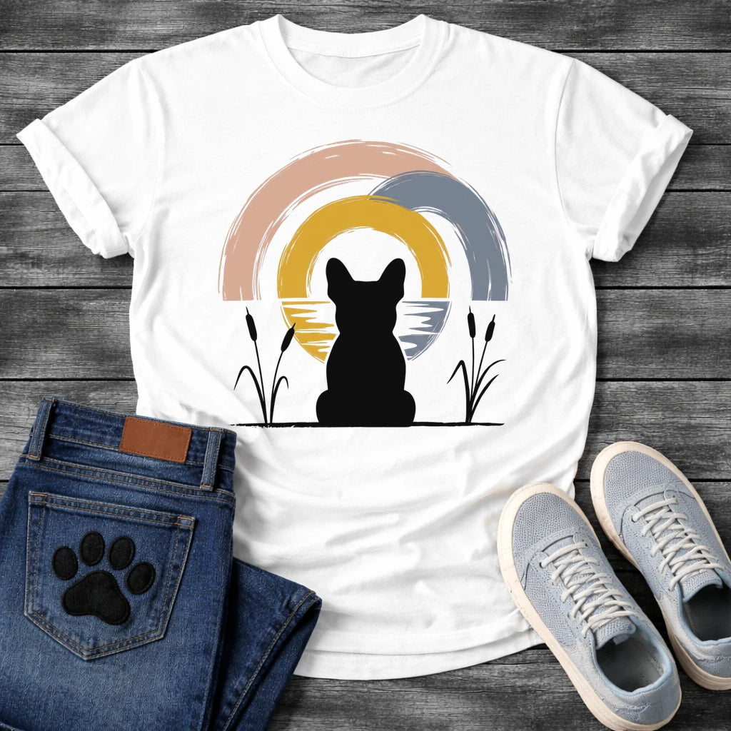 French Bulldog t-shirt with Frenchie silhouette seen from behind sitting between cattail reeds, overlapping brushstroke circles in blush pink gold and slate blue behind with water ripple detail, minimal ink ground line, no text soft zen art graphic
