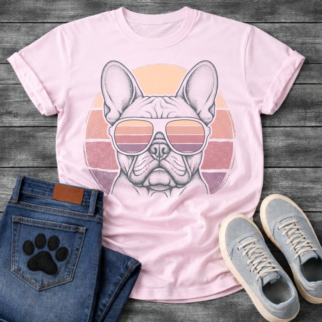 French Bulldog t-shirt with detailed stipple engraving Frenchie portrait wearing aviator sunglasses reflecting retro stripe sunset, blush pink mauve and purple striped circle behind, distressed vintage texture, no text fine art graphic
