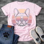 French Bulldog t-shirt with detailed stipple engraving Frenchie portrait wearing aviator sunglasses reflecting retro stripe sunset, blush pink mauve and purple striped circle behind, distressed vintage texture, no text fine art graphic
