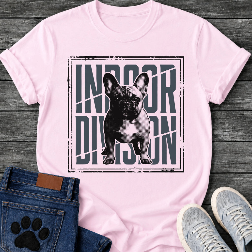 French Bulldog t-shirt with halftone Frenchie standing full body facing forward, oversized condensed slate blue text reading Indoor Division behind the portrait, diagonal slash detail, heavy distressed double border frame, black and slate two-color graphic
