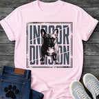 French Bulldog t-shirt with halftone Frenchie standing full body facing forward, oversized condensed slate blue text reading Indoor Division behind the portrait, diagonal slash detail, heavy distressed double border frame, black and slate two-color graphic
