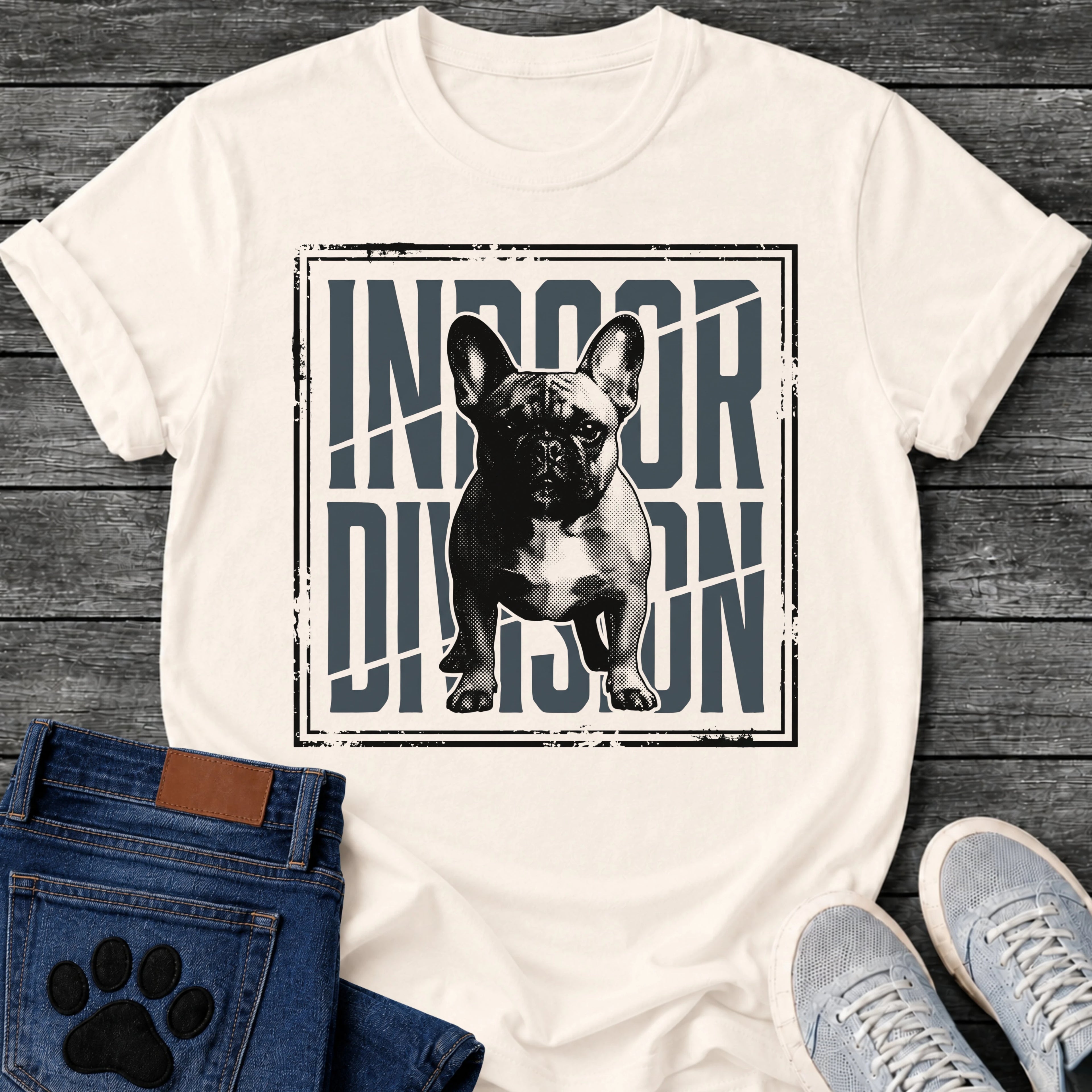 French Bulldog t-shirt with halftone Frenchie standing full body facing forward, oversized condensed slate blue text reading Indoor Division behind the portrait, diagonal slash detail, heavy distressed double border frame, black and slate two-color graphic
