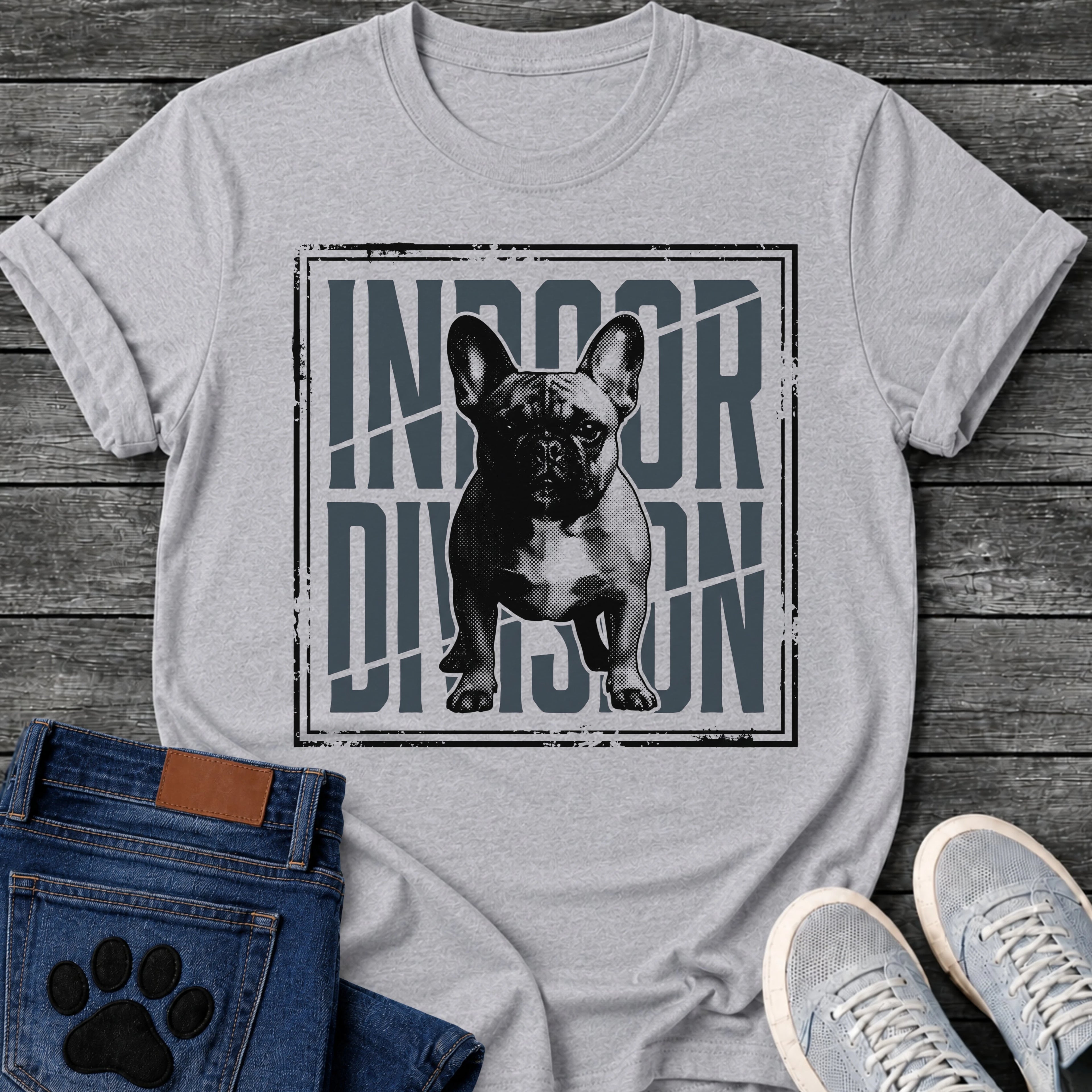 French Bulldog t-shirt with halftone Frenchie standing full body facing forward, oversized condensed slate blue text reading Indoor Division behind the portrait, diagonal slash detail, heavy distressed double border frame, black and slate two-color graphic
