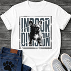 French Bulldog t-shirt with halftone Frenchie standing full body facing forward, oversized condensed slate blue text reading Indoor Division behind the portrait, diagonal slash detail, heavy distressed double border frame, black and slate two-color graphic

