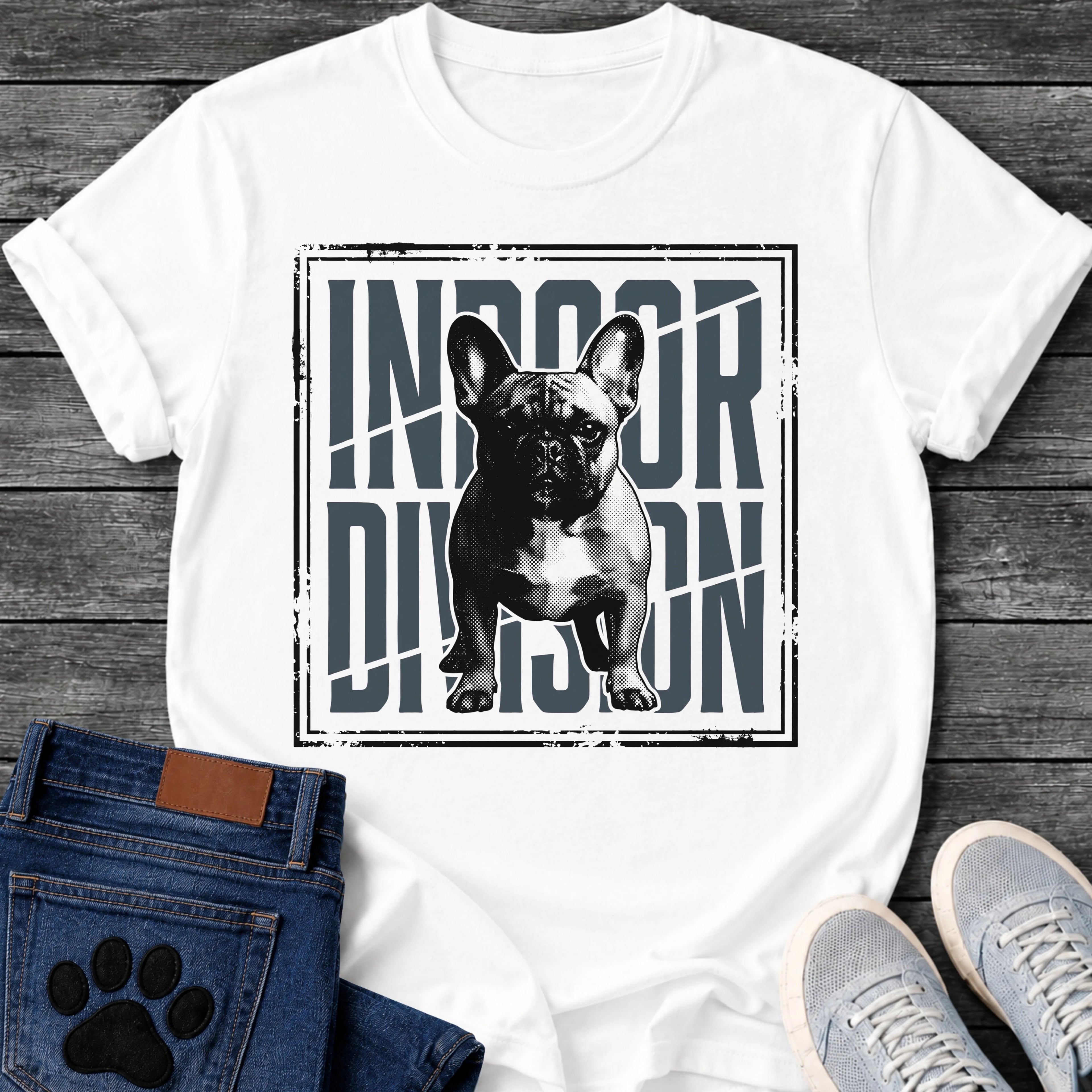 French Bulldog t-shirt with halftone Frenchie standing full body facing forward, oversized condensed slate blue text reading Indoor Division behind the portrait, diagonal slash detail, heavy distressed double border frame, black and slate two-color graphic
