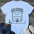 Life Lessons From Our Dogs t shirt design listing always be positive, be loyal, take regular walks, and play every day with a paw print icon