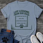 Life Lessons From Our Dogs t shirt design listing always be positive, be loyal, take regular walks, and play every day with a paw print icon