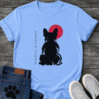 Carolina BlueFrench Bulldog t-shirt with bold brush ink Frenchie seen from behind, single red circle behind the head, vertical spaced serif text reading Mindful and Chunky running along the left side, two-color black and red fine art graphic
