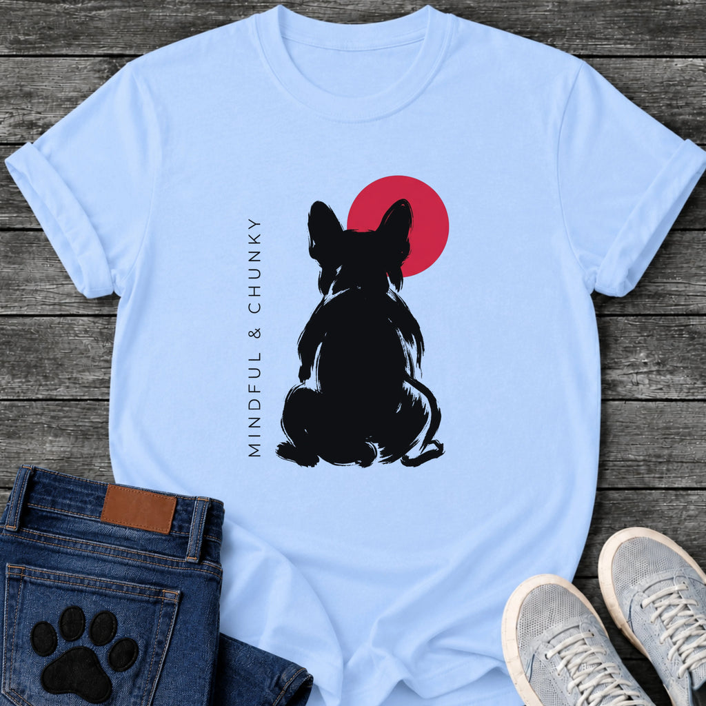 French Bulldog t-shirt with bold brush ink Frenchie seen from behind, single red circle behind the head, vertical spaced serif text reading Mindful and Chunky running along the left side, two-color black and red fine art graphic
