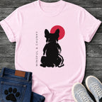 French Bulldog t-shirt with bold brush ink Frenchie seen from behind, single red circle behind the head, vertical spaced serif text reading Mindful and Chunky running along the left side, two-color black and red fine art graphic
