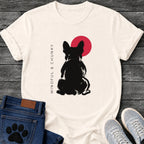 NaturalFrench Bulldog t-shirt with bold brush ink Frenchie seen from behind, single red circle behind the head, vertical spaced serif text reading Mindful and Chunky running along the left side, two-color black and red fine art graphic
