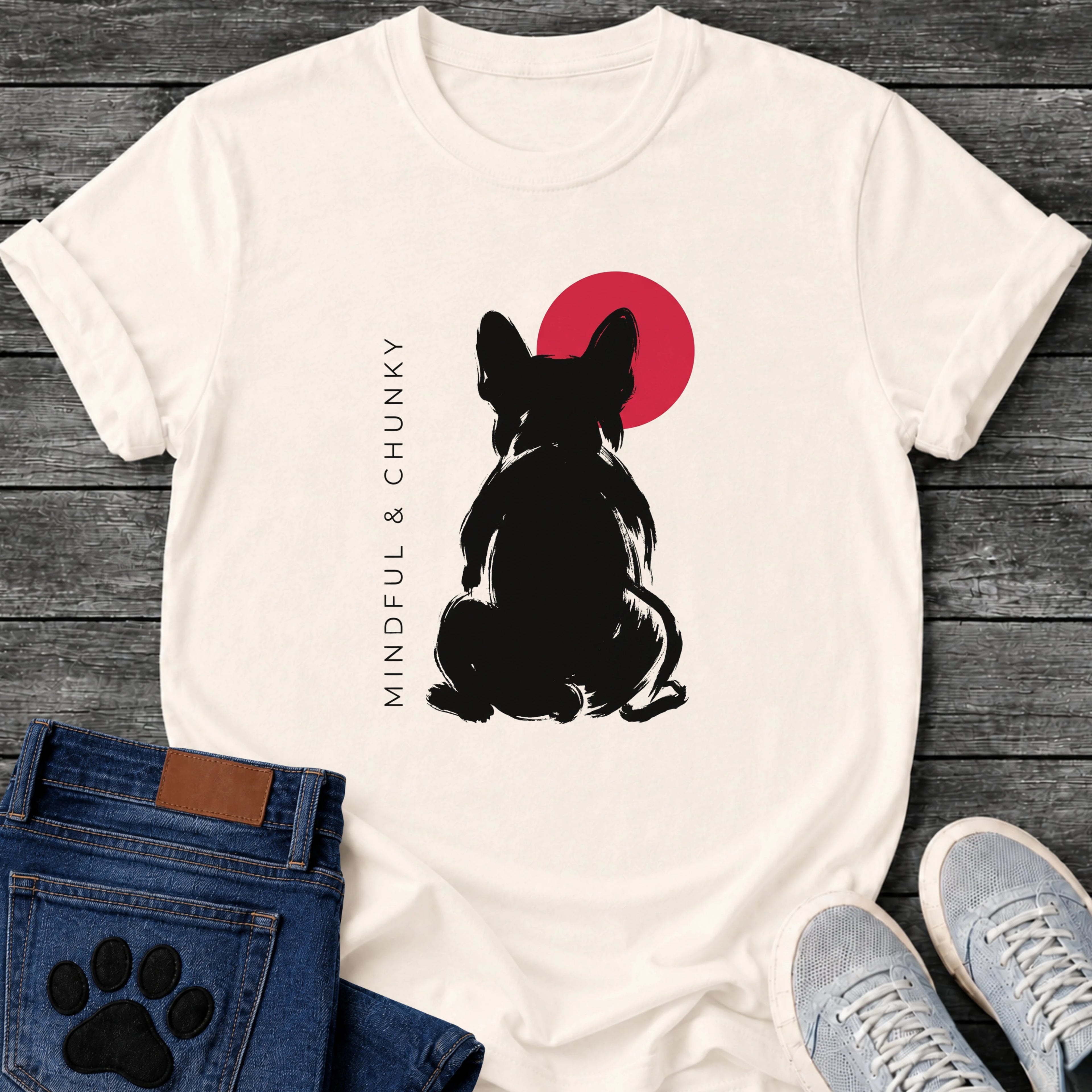 NaturalFrench Bulldog t-shirt with bold brush ink Frenchie seen from behind, single red circle behind the head, vertical spaced serif text reading Mindful and Chunky running along the left side, two-color black and red fine art graphic
