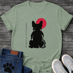 French Bulldog t-shirt with bold brush ink Frenchie seen from behind, single red circle behind the head, vertical spaced serif text reading Mindful and Chunky running along the left side, two-color black and red fine art graphic
