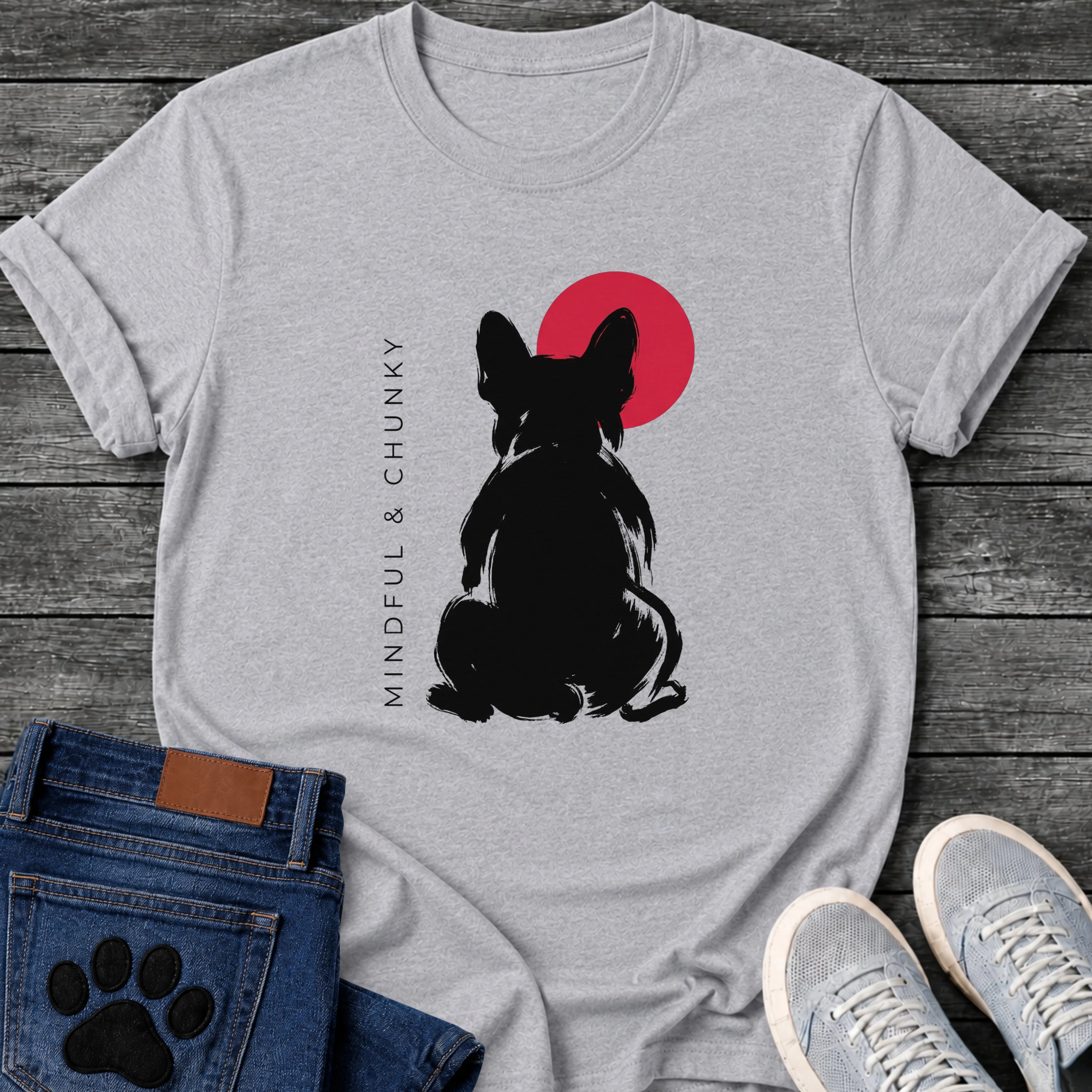 Sport GreyFrench Bulldog t-shirt with bold brush ink Frenchie seen from behind, single red circle behind the head, vertical spaced serif text reading Mindful and Chunky running along the left side, two-color black and red fine art graphic
