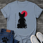 French Bulldog t-shirt with bold brush ink Frenchie seen from behind, single red circle behind the head, vertical spaced serif text reading Mindful and Chunky running along the left side, two-color black and red fine art graphic
