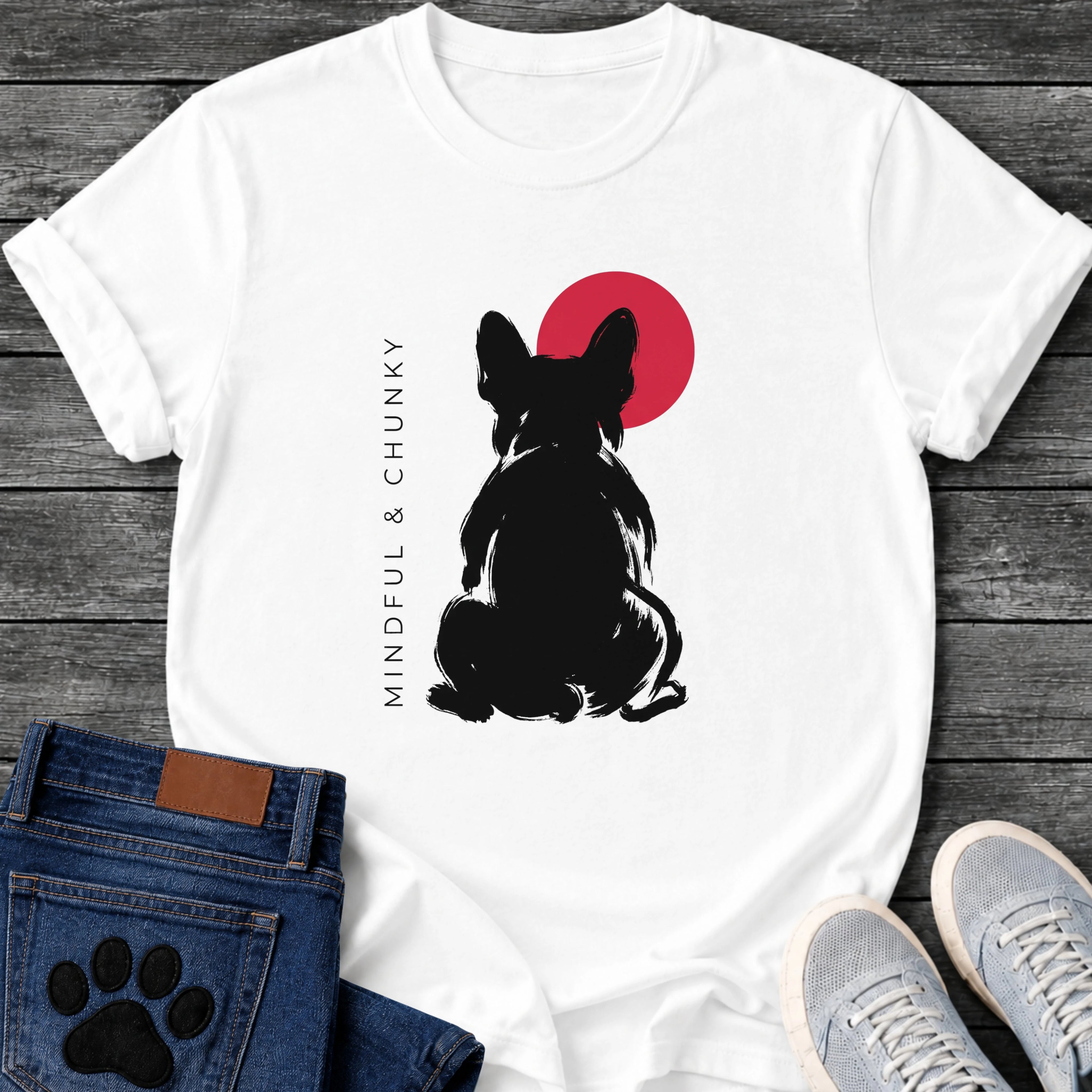 French Bulldog t-shirt with bold brush ink Frenchie seen from behind, single red circle behind the head, vertical spaced serif text reading Mindful and Chunky running along the left side, two-color black and red fine art graphic

