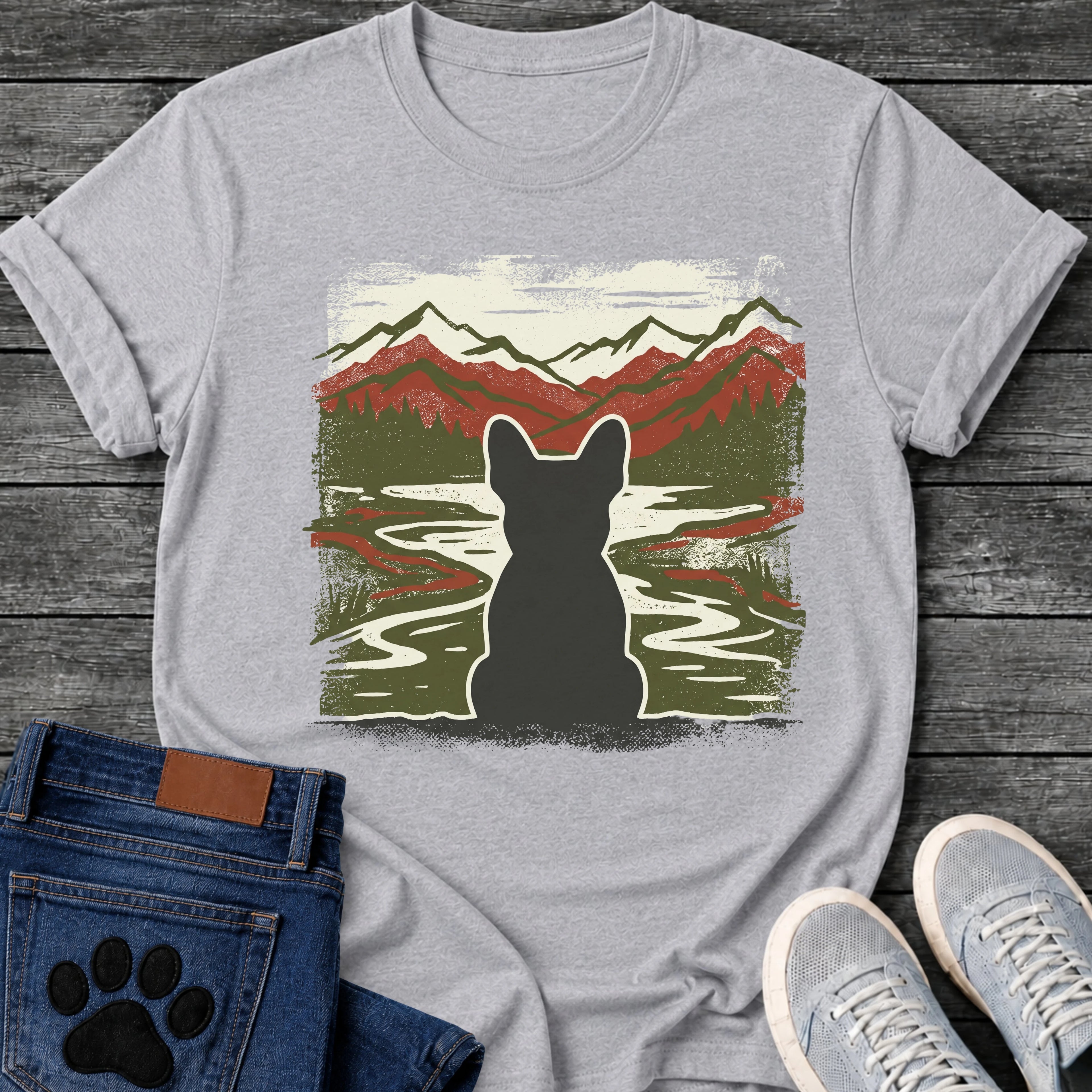 French Bulldog t-shirt with Frenchie silhouette seen from behind with cream outline, winding river flowing through a dense forest green valley, layered red and dark green mountain range behind, heavy woodcut distressed texture throughout, no text wilderness art graphic