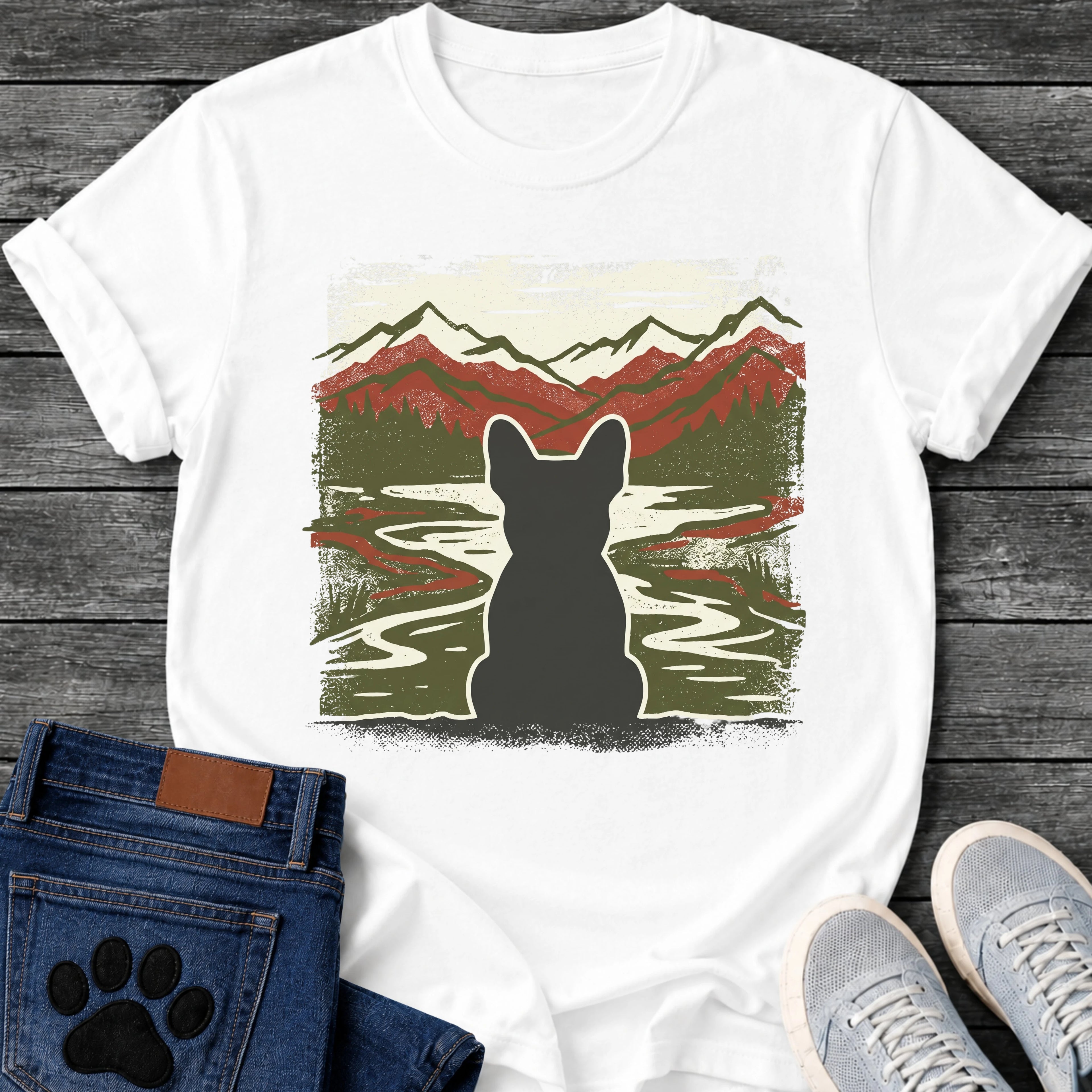 French Bulldog t-shirt with Frenchie silhouette seen from behind with cream outline, winding river flowing through a dense forest green valley, layered red and dark green mountain range behind, heavy woodcut distressed texture throughout, no text wilderness art graphic