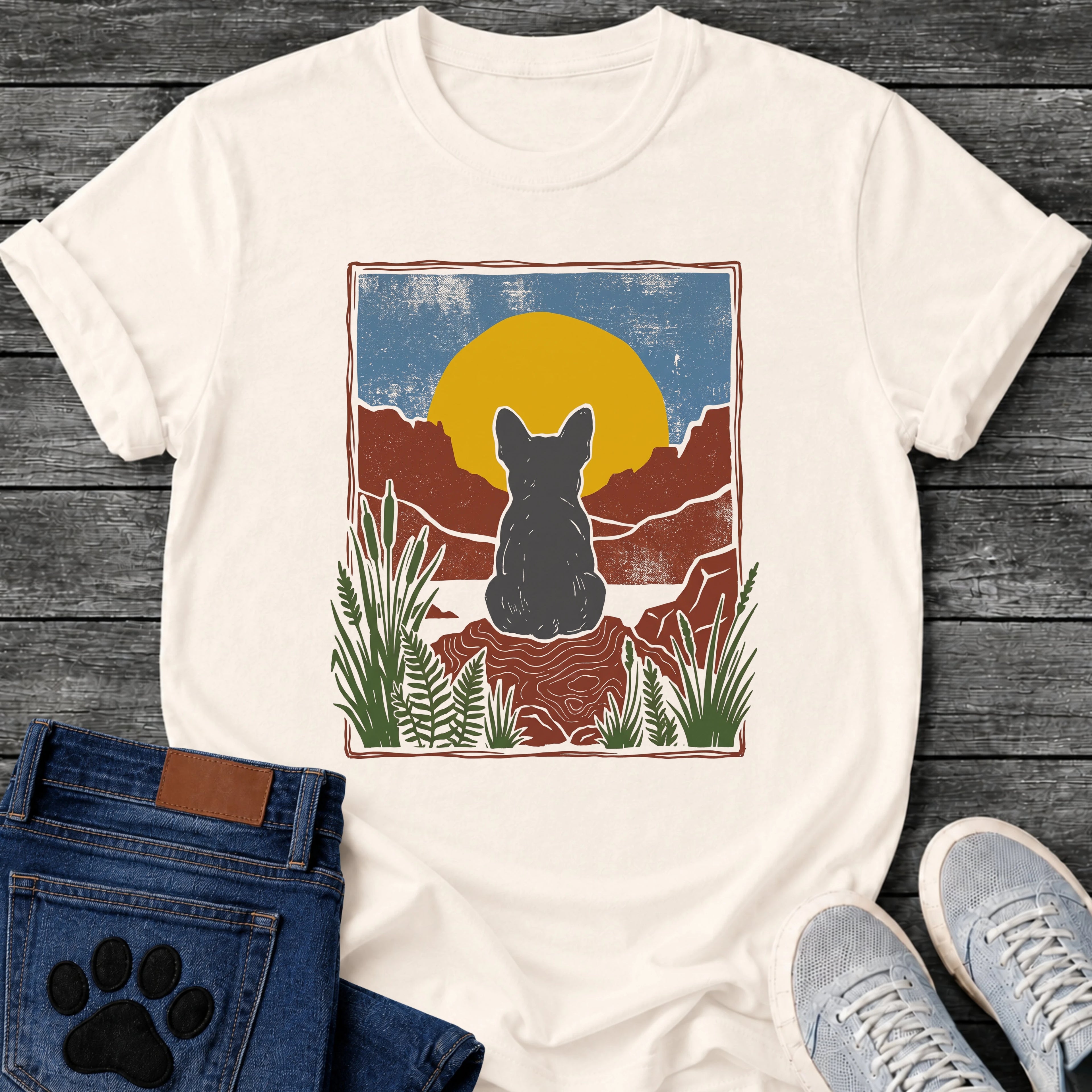 French Bulldog t-shirt with Frenchie silhouette seen from behind sitting on contoured red rock, large gold sun against slate blue sky, red canyon walls on either side, forest green ferns in foreground, distressed woodcut border frame, no text national park style art graphic