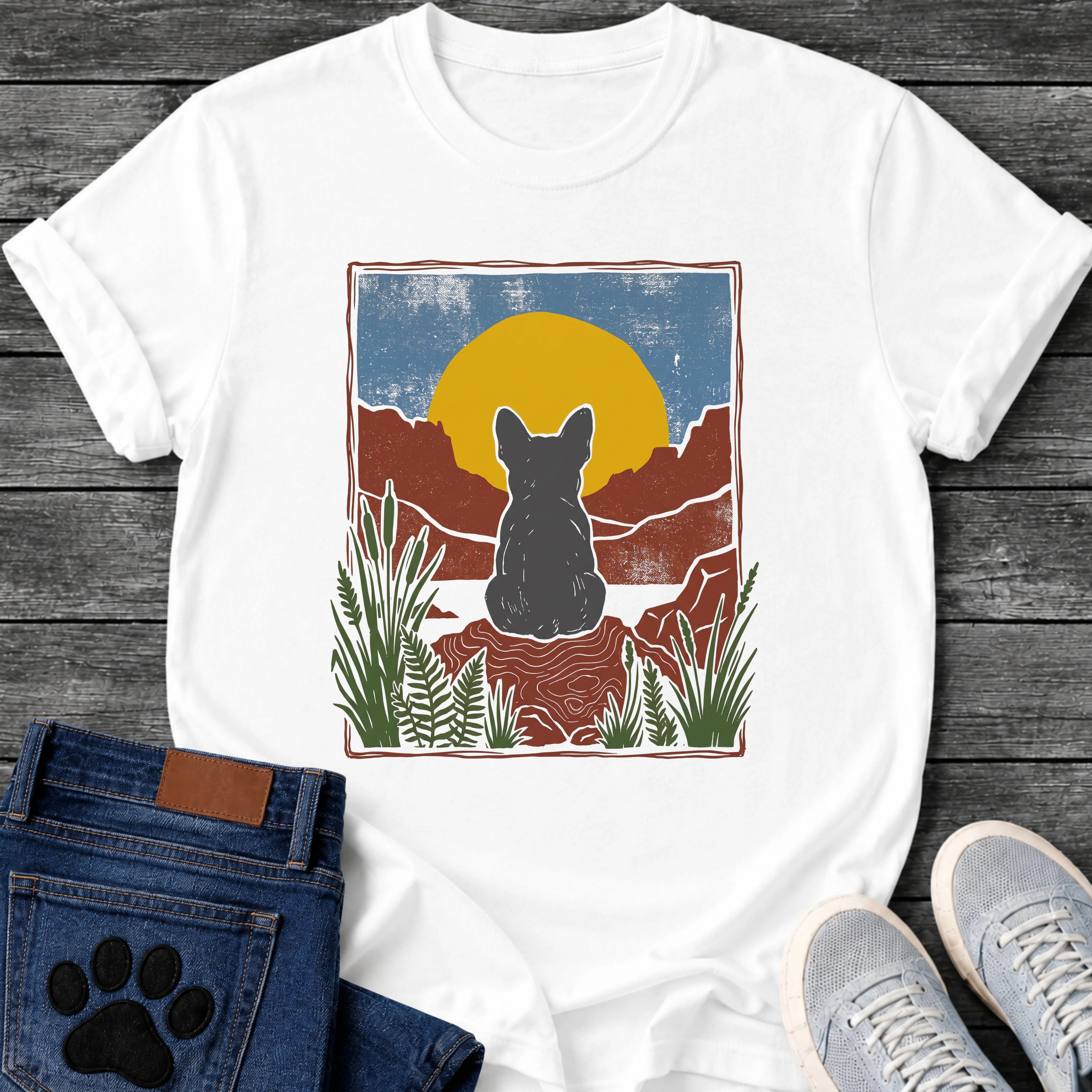 French Bulldog t-shirt with Frenchie silhouette seen from behind sitting on contoured red rock, large gold sun against slate blue sky, red canyon walls on either side, forest green ferns in foreground, distressed woodcut border frame, no text national park style art graphic