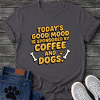 Todays Good Mood Is Sponsored By Coffee And Dogs t shirt design in bold yellow bubble lettering with black outline and bone icons