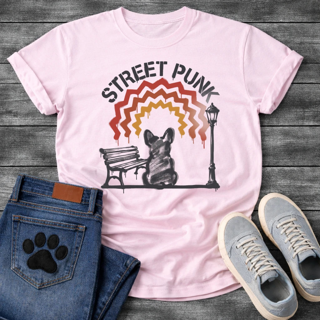 French Bulldog t-shirt with stencil arched text reading Street Punk above a spray paint scene of a Frenchie sitting on a park bench beside a street lamp, zigzag spray paint rainbow in red terracotta and gold with drips, urban street art graphic