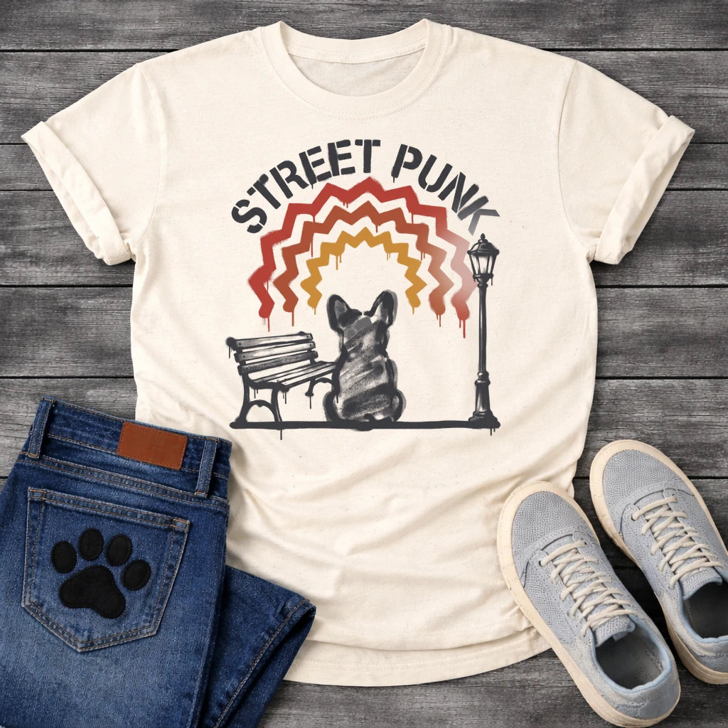 French Bulldog t-shirt with stencil arched text reading Street Punk above a spray paint scene of a Frenchie sitting on a park bench beside a street lamp, zigzag spray paint rainbow in red terracotta and gold with drips, urban street art graphic
