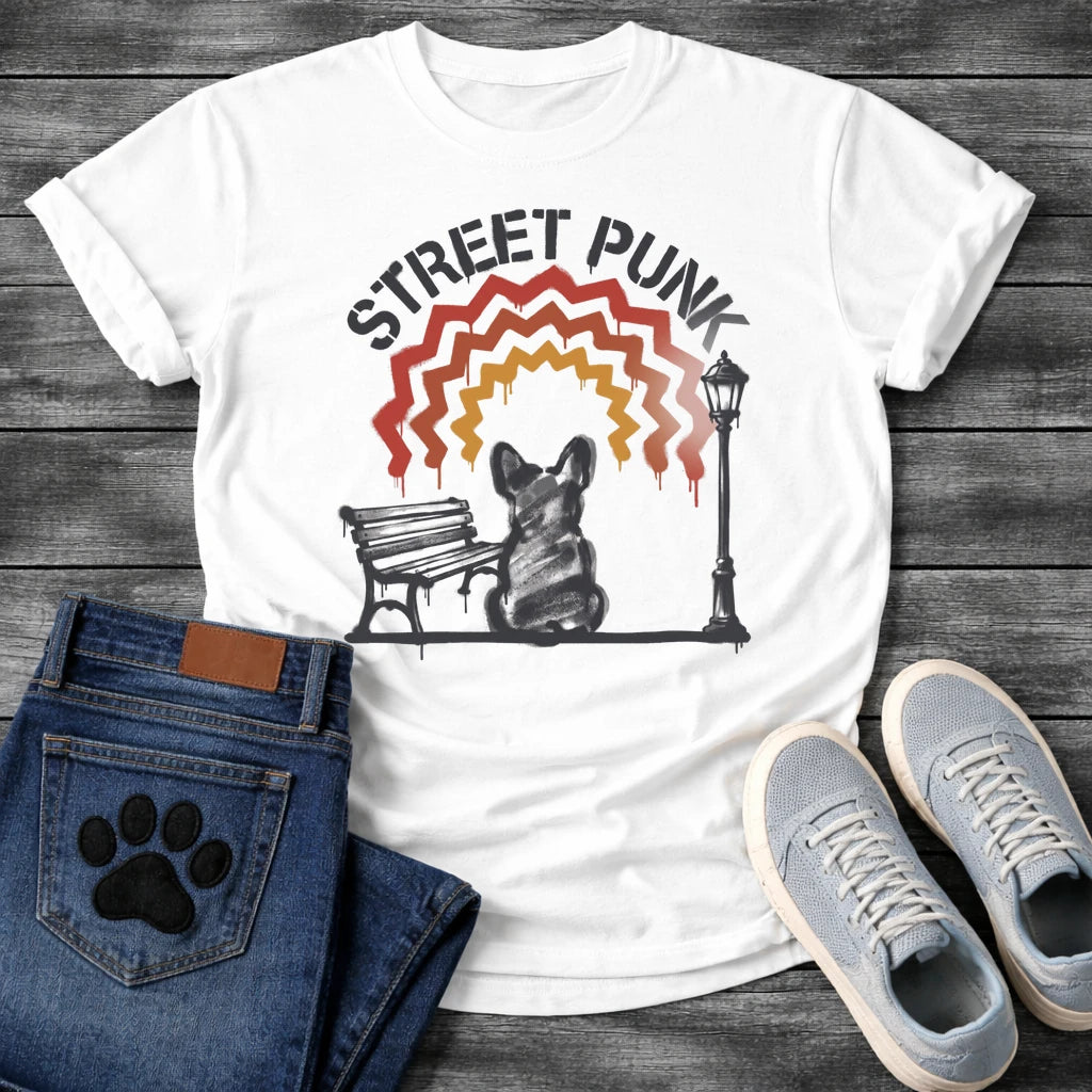 French Bulldog t-shirt with stencil arched text reading Street Punk above a spray paint scene of a Frenchie sitting on a park bench beside a street lamp, zigzag spray paint rainbow in red terracotta and gold with drips, urban street art graphic
