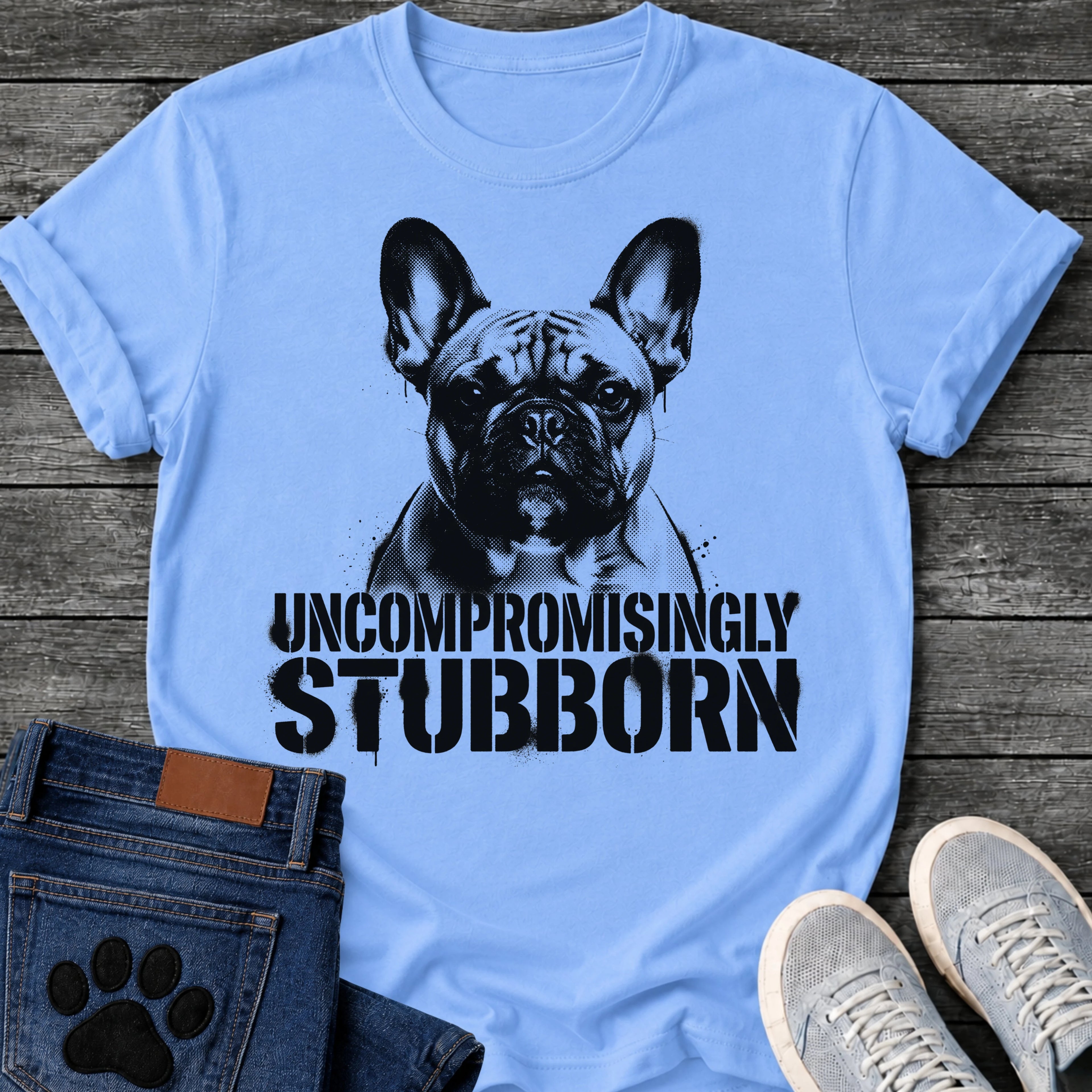 French Bulldog t-shirt with high contrast halftone Frenchie portrait facing forward with ink splatter drip details, bold oversized stencil text below reading Uncompromisingly Stubborn, single black ink graphic with serious streetwear energy
